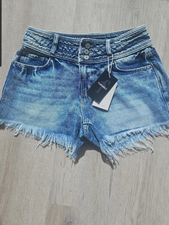 Flamingals Pants - High-Rise Light Blue Denim Frayed Hem Women's Shorts